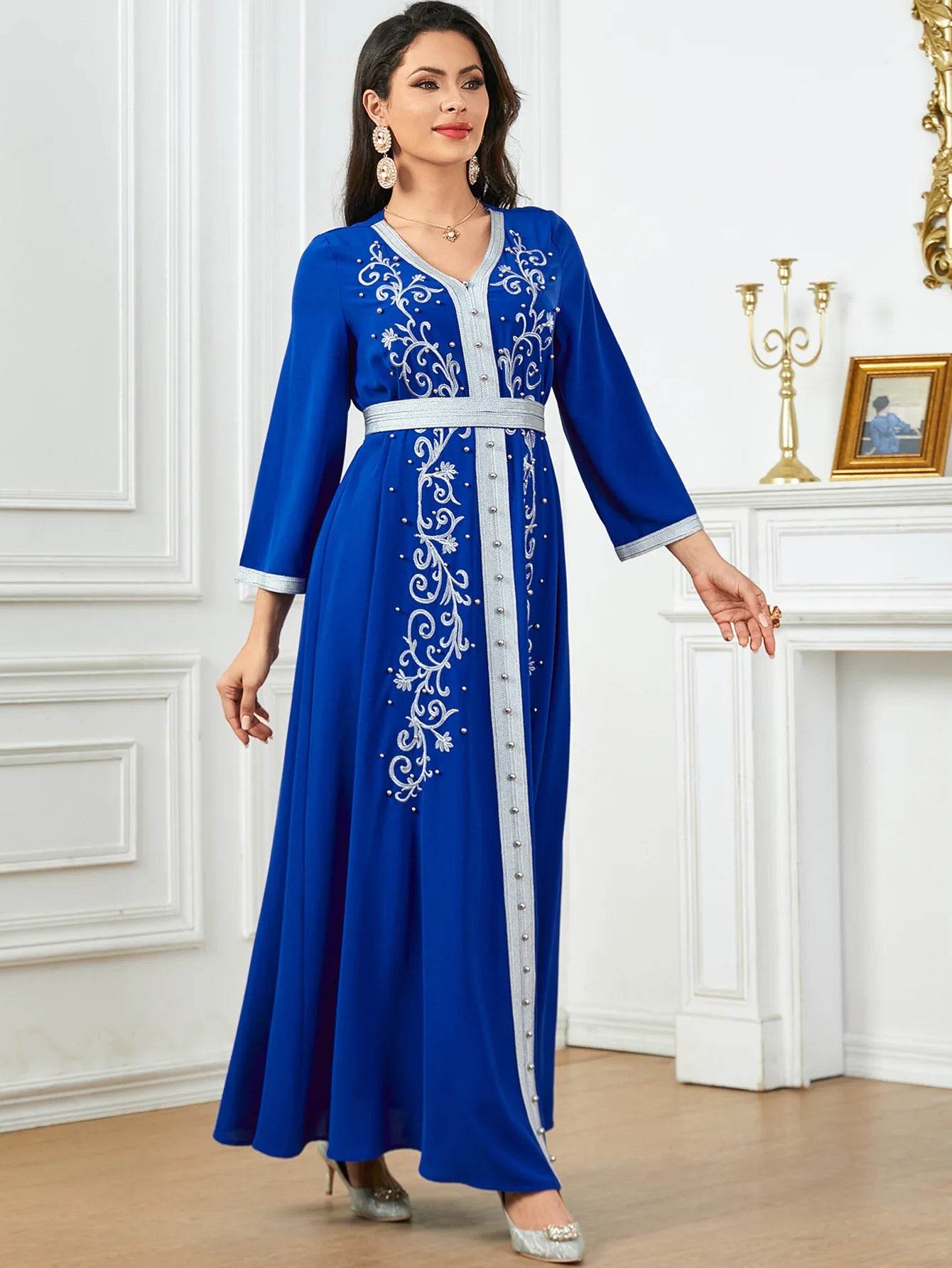 Muslim Fashion Beading Ebroidered Print V-neck long-sleeved Dress Moroccan Islamic Dress With Belt Elegant Party Dress - AIAZ