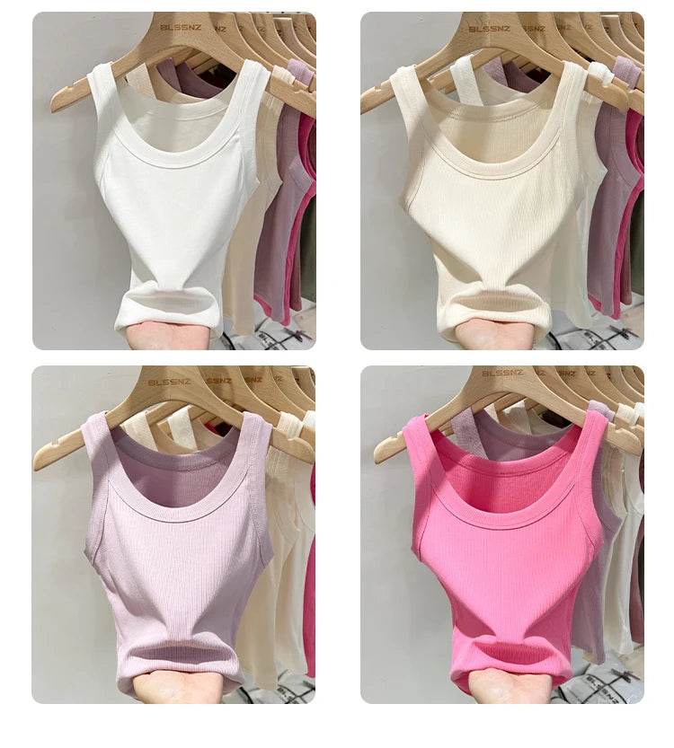 Women Solid Round Neck Ribbed Tank Top Camisole Women 2025 Summer Basic Elastic Tank Top O Neck Solid Tank Top - AIAZ