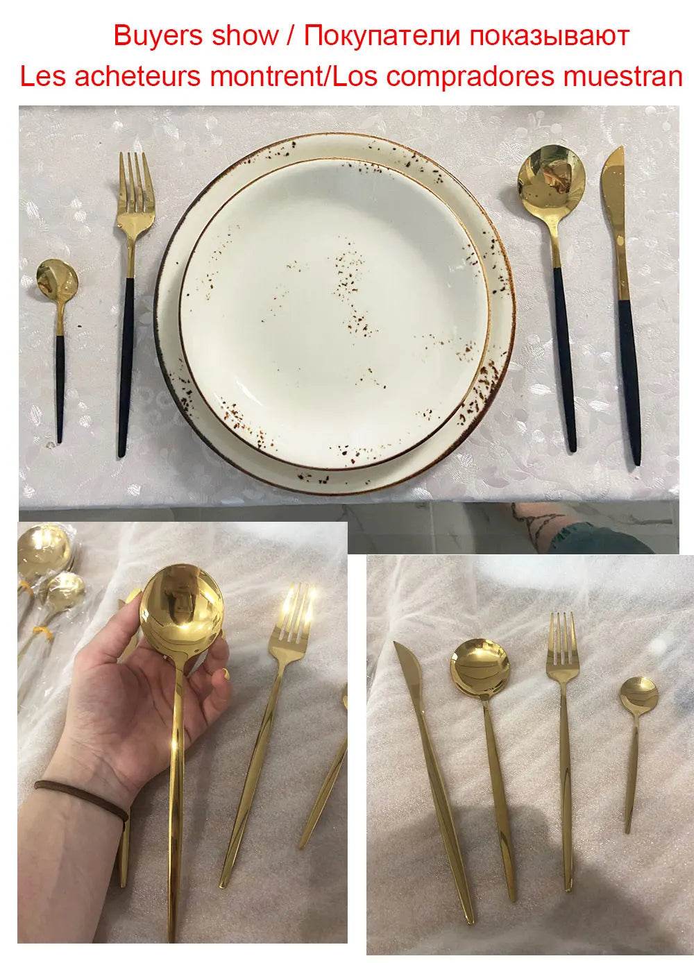 24Pcs Black Handle Golden Cutlery Set Stainless Steel Knife Fork Spoon Tableware Flatware Set Festival Kitchen Dinnerware Gift - AIAZ