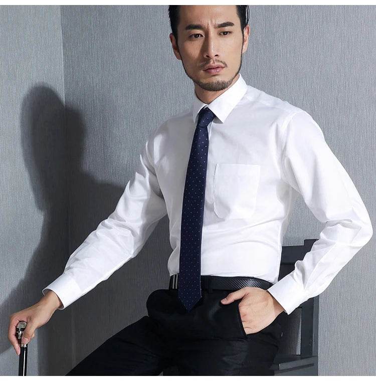 Men's Non Iron Standard-fit Solid Basic Dress Shirt Formal Business Premium 100% Cotton Male Long Sleeve Work Office Shirts - AIAZ