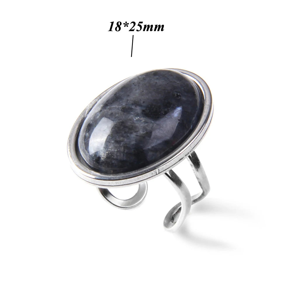 Cabochon Natural Stone Ring 10*14MM Oval Agates Turquois Quartzs Gem Finger Ring Silver Color Adjustable Open Rings Jewelry Gift