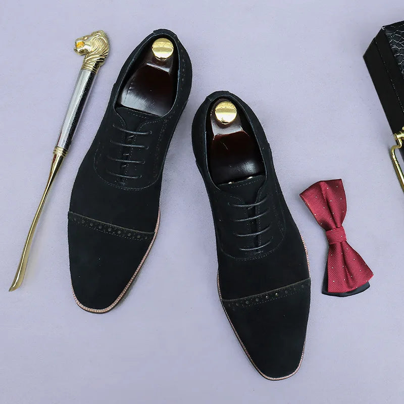 Business Casual Leather Shoes Men's Handmade Three-Joint Genuine Leather Men's Frosted British Suede Leather Lace-Up Men's Shoes