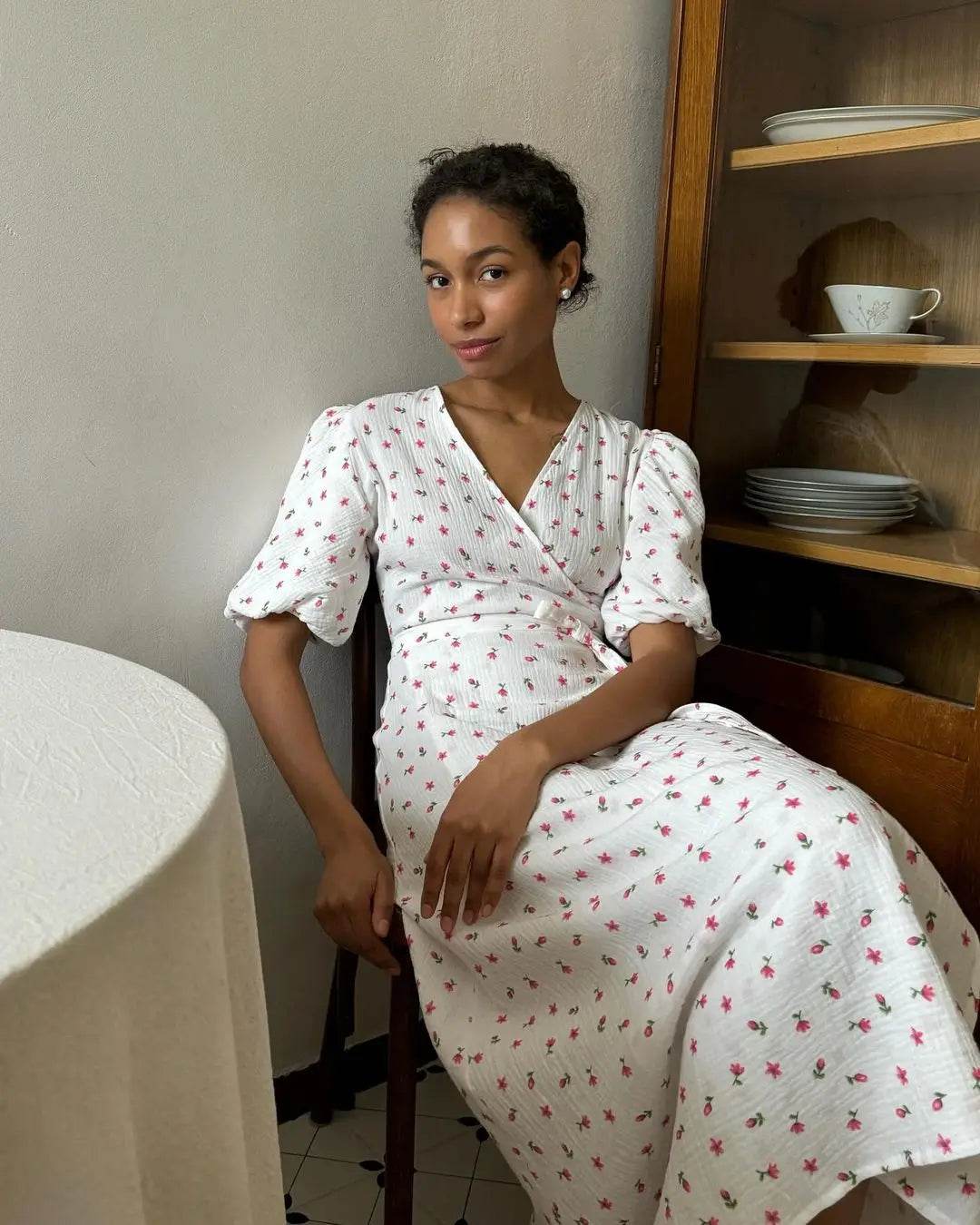 Bornladie Women Psrinted Lace Up Dress Summer Short Sleeve Fashion Office Lady Long Dress 100% Cotton Daily Casual V-neck Skirt - AIAZ