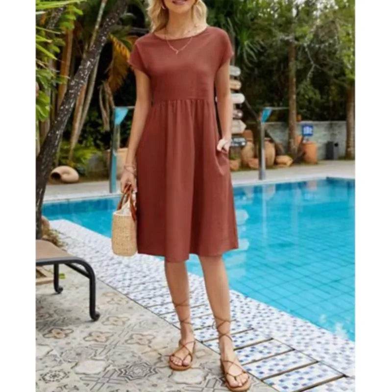 Women's Dresses 2025 Summer Fashion Casual Dresses Women Loose Mid Length Over Knee Dress New Short Sleeve Solid Dress Woman - AIAZ