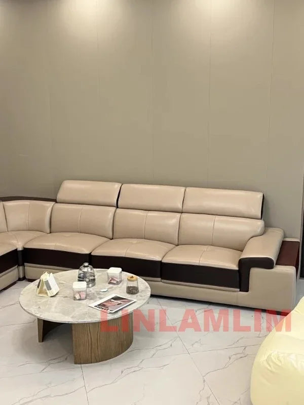 MINGDIBAO Modern Minimalist Genuine Leather Sectional Sofa with Console, Storage and Speaker Italian Leather Living Room Couch