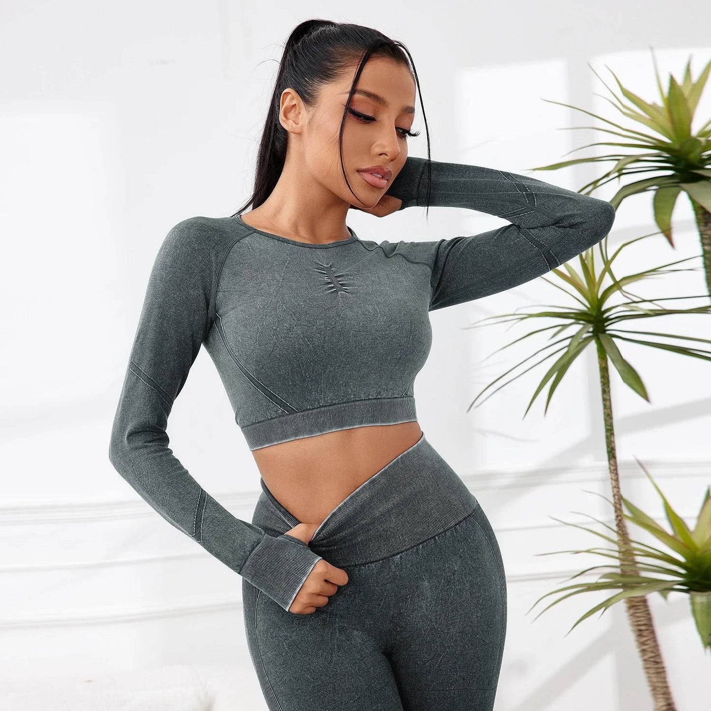 2025 2PCS Sets Women Outfit High Waist Gym Sexy Sport Wash Pants Sets Running Outdoors Skinny - AIAZ