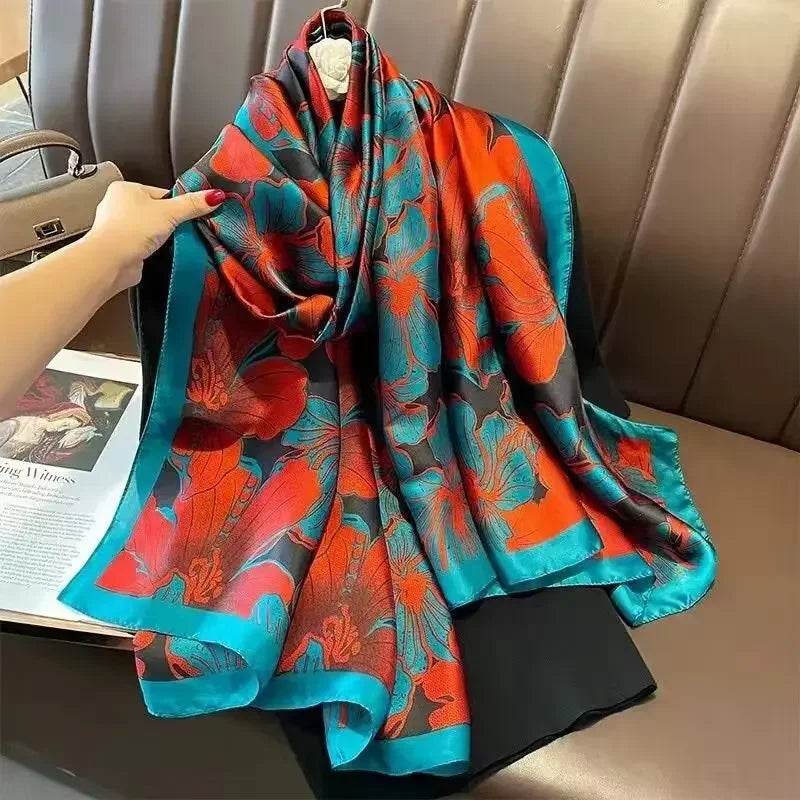 New Summer Women's Silk Scarf Sun Protection Satin Print Extra Long Beach Cover Up Decorative Mom's Shawl Fashionable Accessory - AIAZ