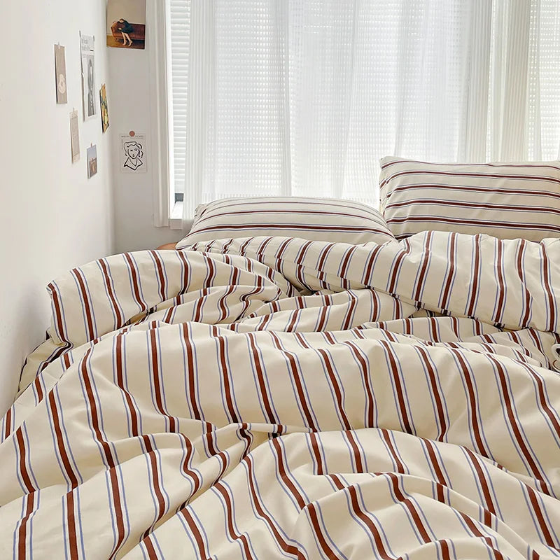 INS Stripe Series Printed Soft Bedding Set Duvet Cover Bedclothes Bedspread Pillowcases Flat Sheets Comforter Sets for Girls