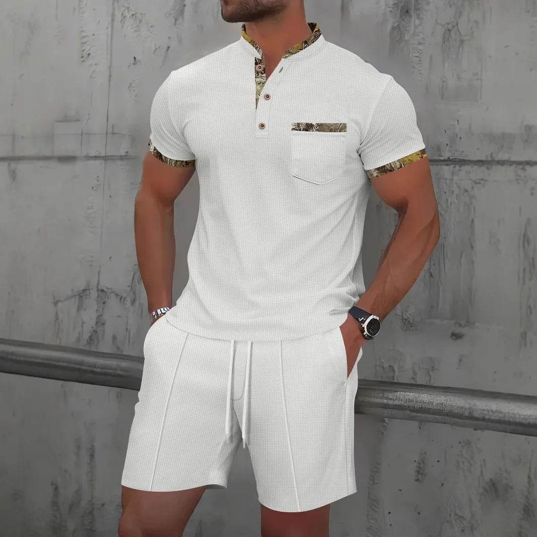 2025 Men Europe and the United States new summer Waffle solid color zip-up lapel short-sleeve suit shorts two sets - AIAZ