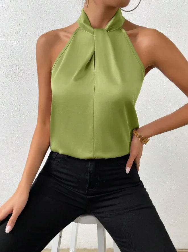 2025 Women's Tanks Top Camis Hanging Neck Strap Design Satin Gloss Loose Sleeveless Blouses Blusas Mujer Moda Black Sexy Shirt - AIAZ