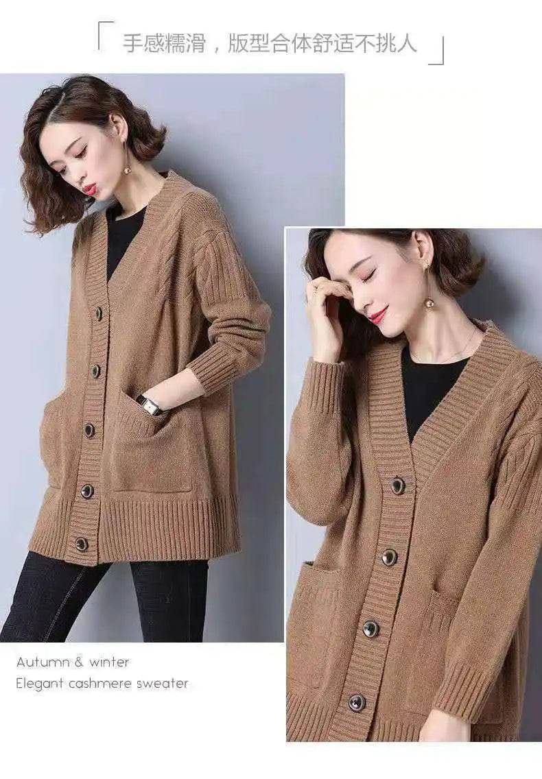 Knitted cardigan women's mid length westernized top autumn and winter new Korean version loose sweater age reducing jacket women - AIAZ