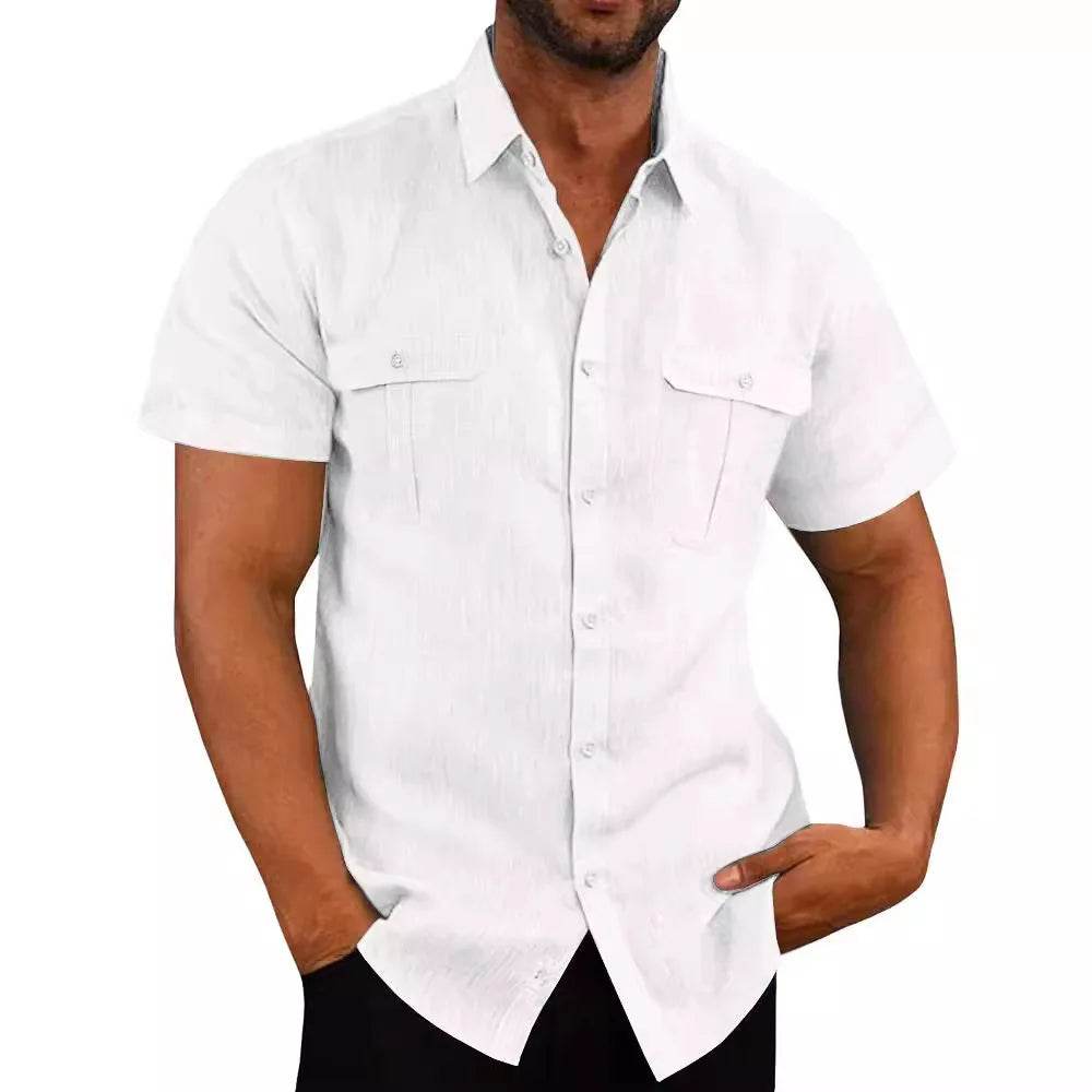Shirts for Men Handmade Shirt Man Double Pocket Shirt Short Sleeve Men Shirt Linen Shirts for Men Men Cotton Shirt Short Sleeve - AIAZ