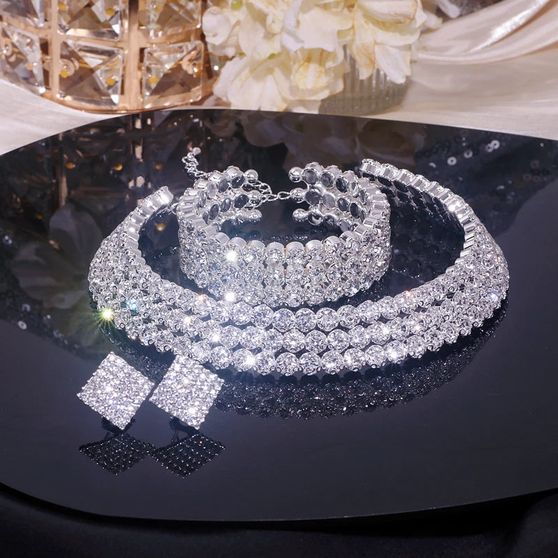 Classic Rhinestone Crystal Choker Necklace Earrings and Bracelet Set for Women Silver Color Bridal Wedding Party Jewelry Sets