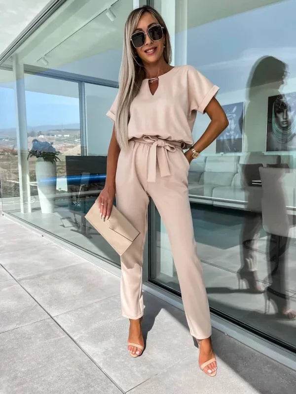 Jumpsuit Women 2023 Solid Color Short Sleeve V-neck Pocket Lace-up Pencil Long Pants Jumpsuits Summer Outfits Bodysuits - AIAZ