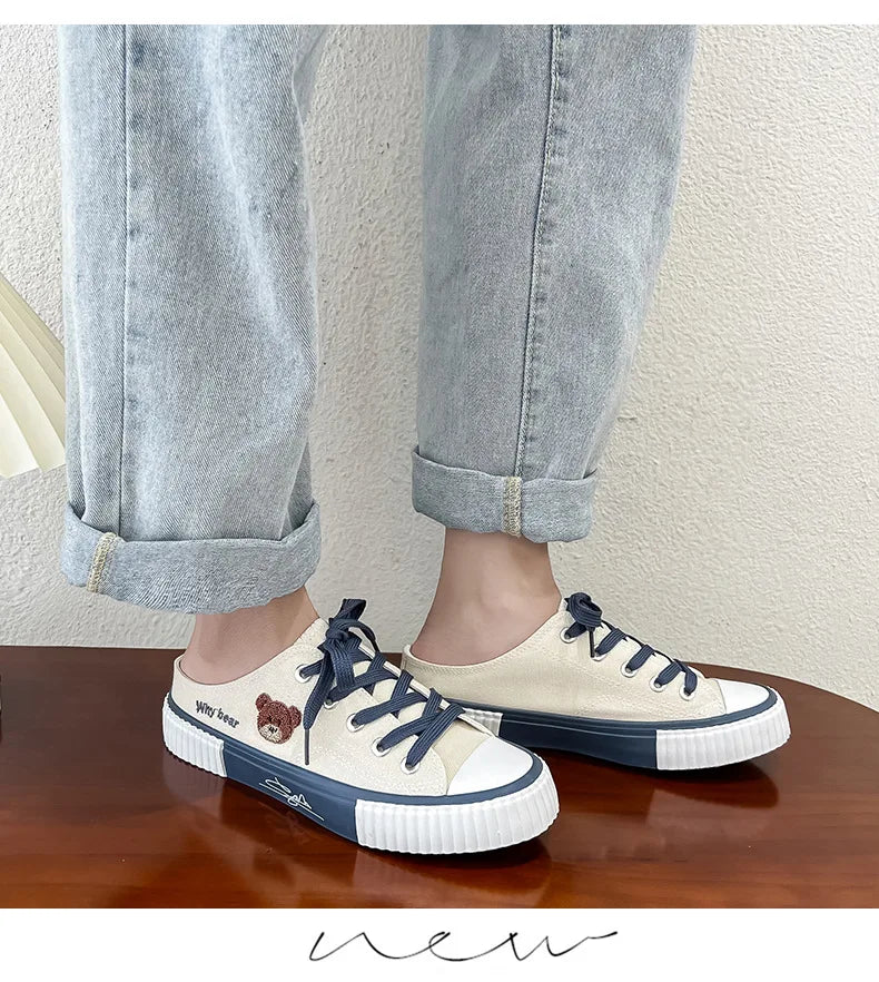 Women Cute Bear Canvas Shoes New Flat Casual All-match Half Slippers Korean Version Trend Lace Up Ladies Vulcanized Shoes 2024