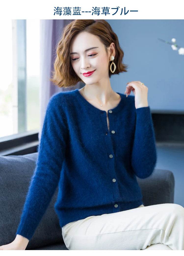 Women Cardigan Large Size Warm Pure Mink Cashmere Sweaters O-neck Loose Coat Female Sweater Ladies' Jacket Solid Knit Cardigans - AIAZ