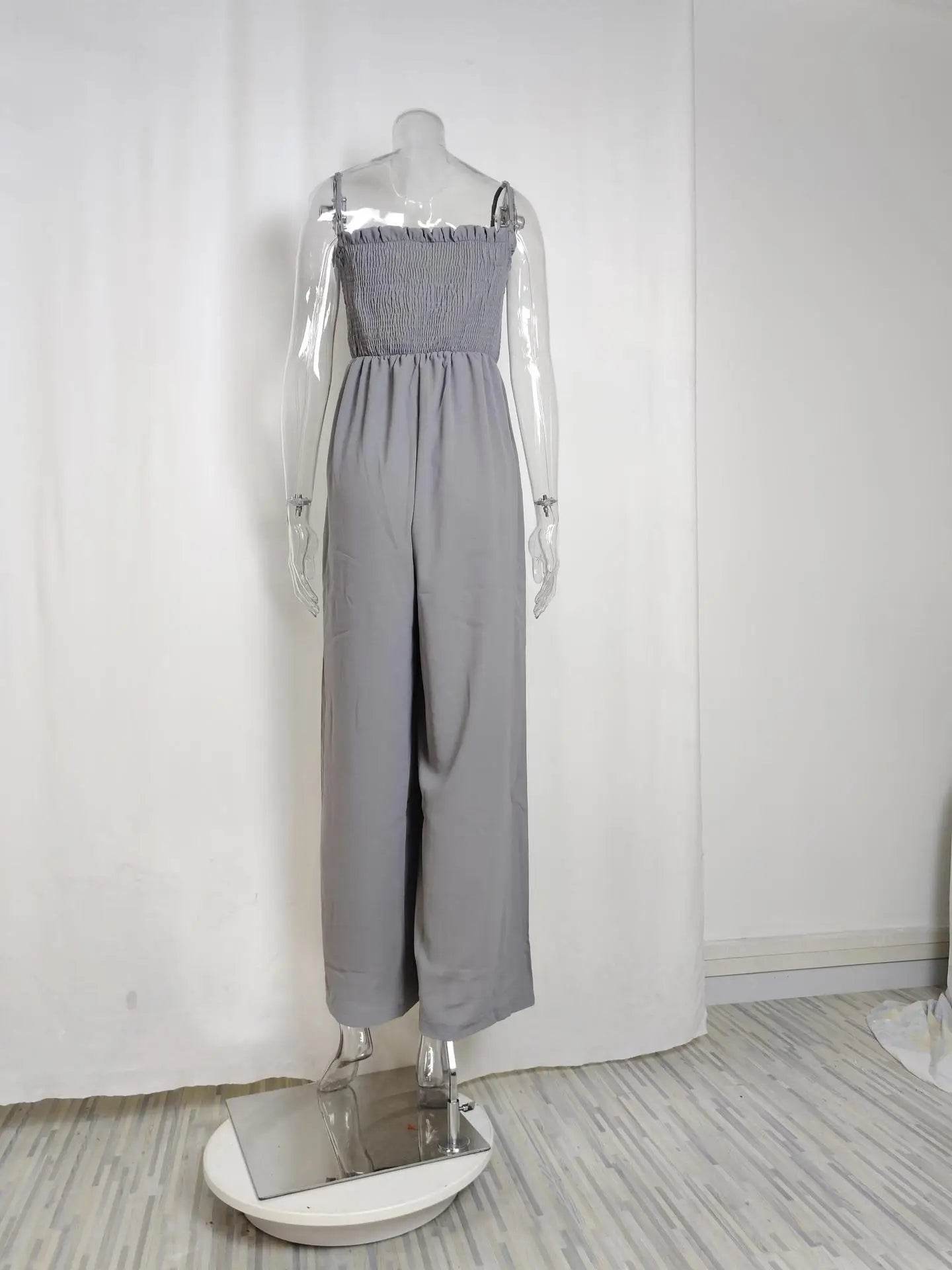 Summer New Suspender Jumpsuit Casual Commuting Women's Clothing Fashion Solid Color Elastic Waist Pocket Wide Leg Jumpsuit - AIAZ