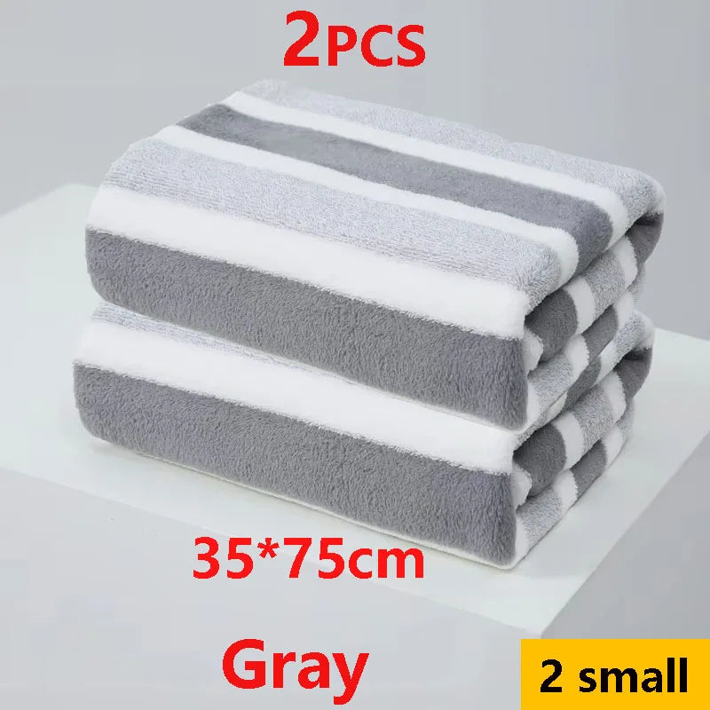 2PCS Thickened Absorbent Bath Towel Striped Pattern Towel Set Soft Face Towel for Home Bathroom Spa Quick Drying Microfiber