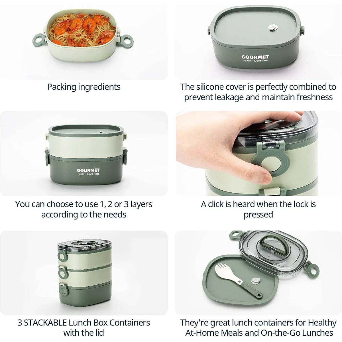 Lunch Box 2000ML 3-Tier Stackable Bento Case Sealed Leak-proof Meal Box Microwave Safe Portable Students Workers Food Container - AIAZ