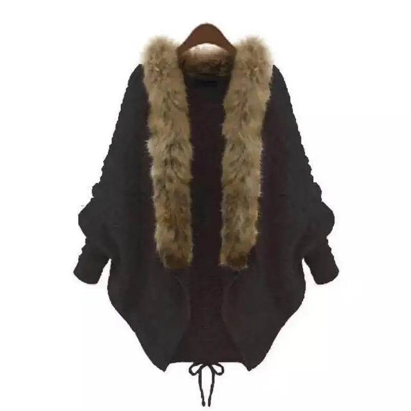 Women Cardigan Sweater Thick Poncho Capes Autumn Winter Femme knitted Bat Sleeve Fur Collar Wool Sweater Knitted Long Cardigan - AIAZ