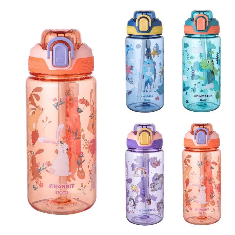 600ml Plastic Sports Water Bottles Cute Cartoon Children's Water Cup with Straw Leakproof Summer Outdoor Portable Kids Kettle - AIAZ