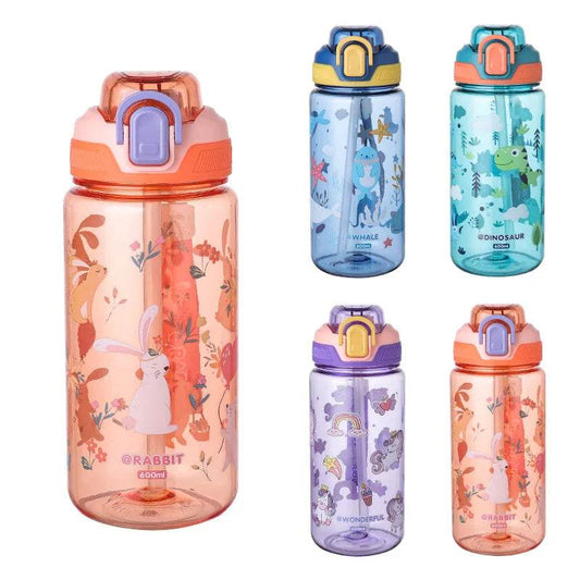 600ml Plastic Sports Water Bottles Cute Cartoon Children's Water Cup with Straw Leakproof Summer Outdoor Portable Kids Kettle - AIAZ