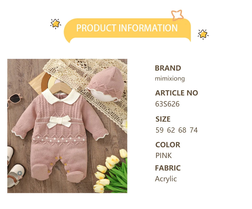 Infant Girls Rompers Hats Clothes Autumn Winter Pink Long Sleeves Knit Newborn Jumpsuits Outfits 0-18m Toddler Outwear Playsuits