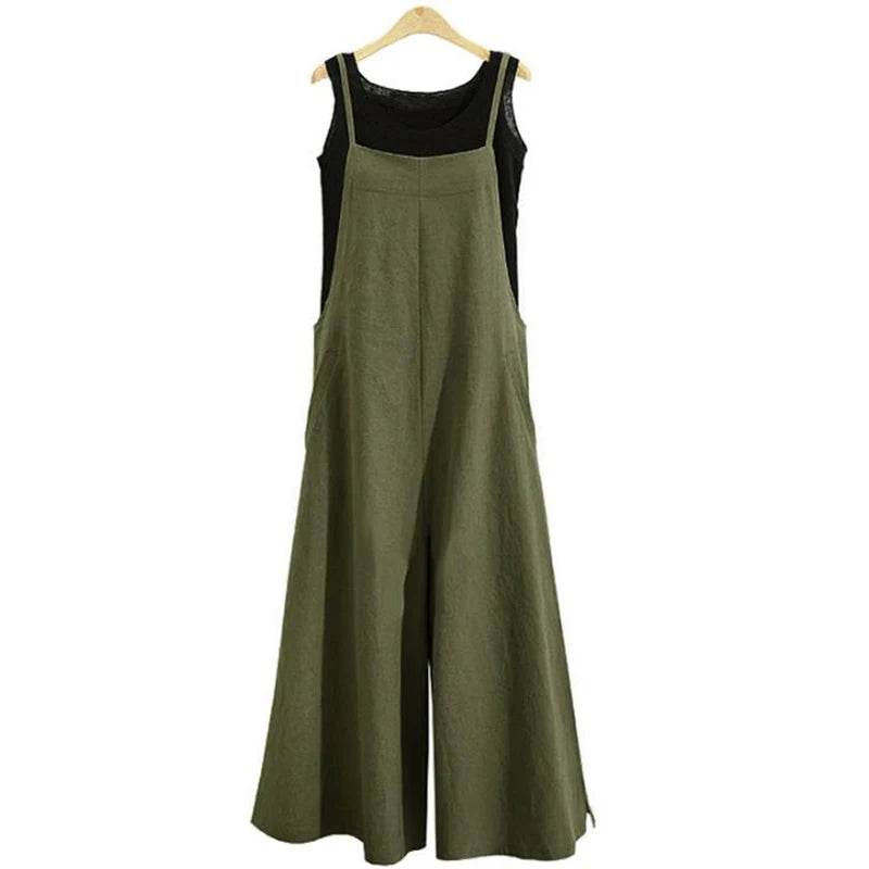 Women Straps Jumpsuit Summer Solid Color Wide Leg Pants Dungaree Bib Overalls Casual Loose Sleeveless Cotton Linen Jumpsuits 5Xl - AIAZ