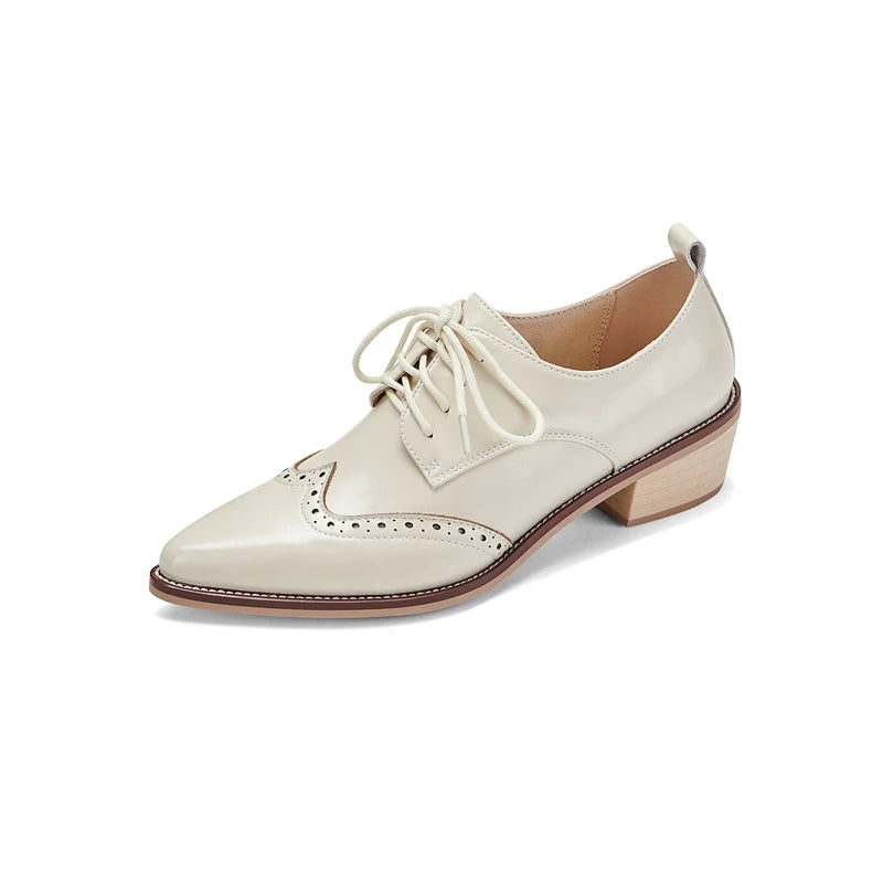 2025 Women's European and American New Spring and Autumn Pointed Leather Lace up Middle Heel Retro Blake Lefu Single Shoes