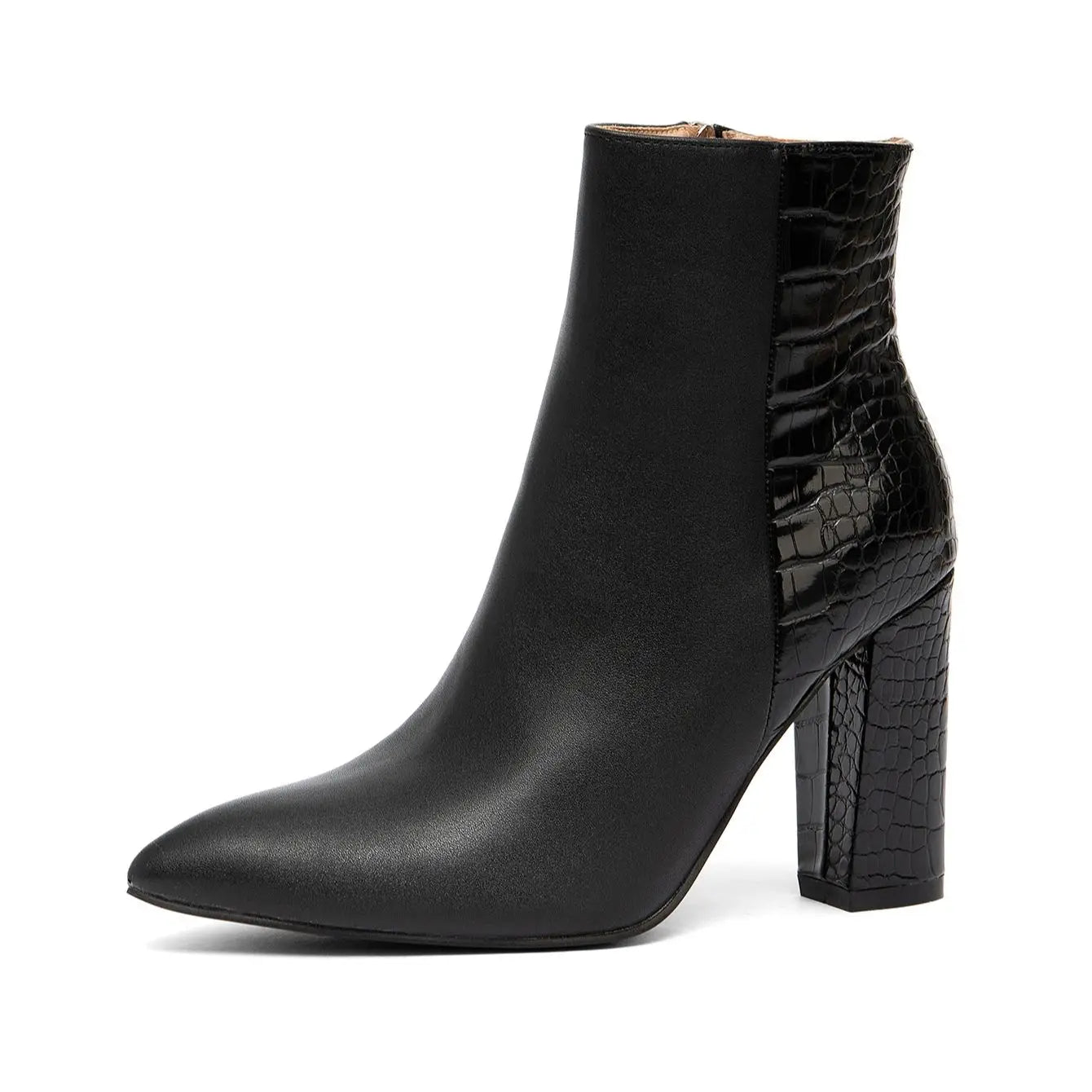 2025 Autumn and Winter Women's New Thick Heel Pointed Toe Fashion Boots Crocodile Pattern Stitching Black Versatile Skirt Daily Date Artificial Short Plush Boots