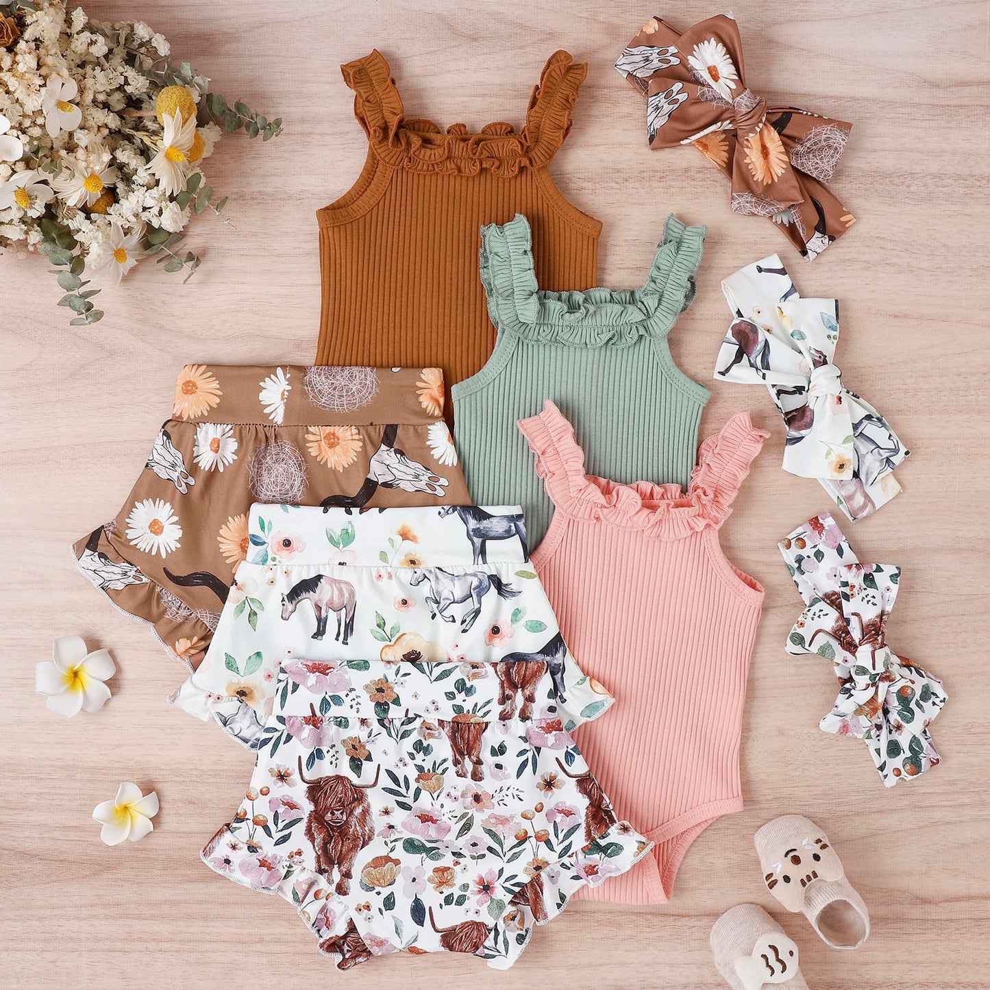 Citgeett Summer Infant Baby Girl Pants Suit Casual Party Off Shoulder Romper Tops + Print Short Pants + HeadBand