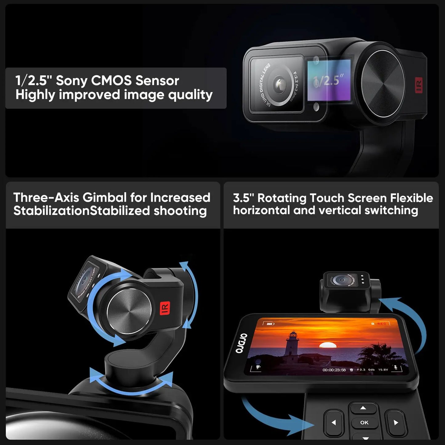 ORDRO M5 5K Action Pocket Video Camcorder Infrared IR Night Vision Big Touchscreen Vlog Camera with Tripod Remote Control SDcard