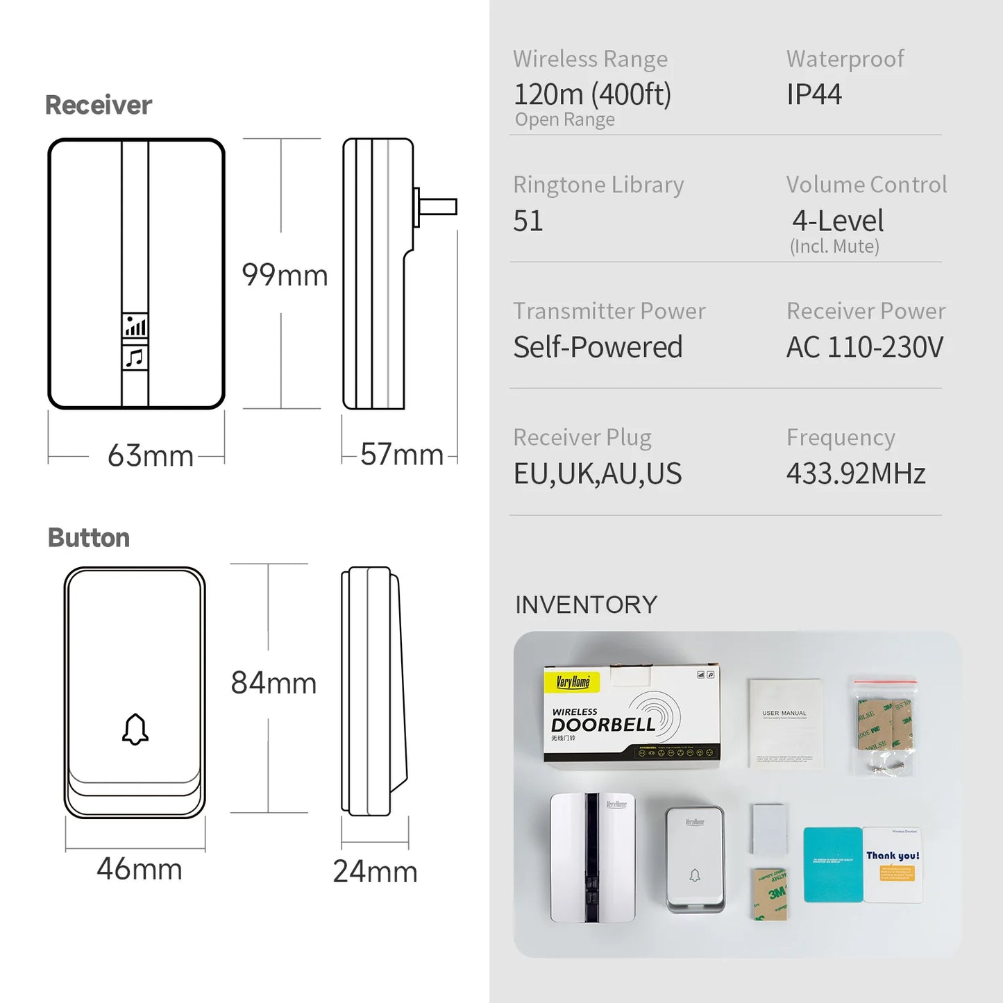 VeryHome Wireless Doorbell Waterproof Self-powered Button Smart Door Bell Sets Home Welcome Outdoor House Chimes  Receiver