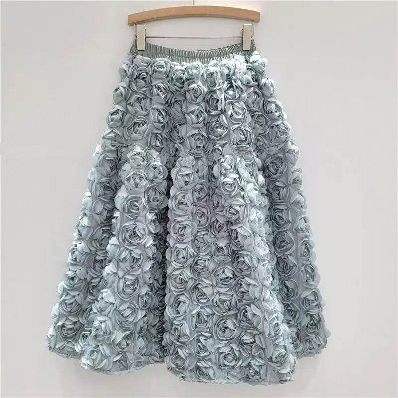 Skirt for Women 2025 Summer Versatile Three Dimensional Flower Mid-calf Skirt High Waist Big Swing Fashion A-line Long Skirts - AIAZ