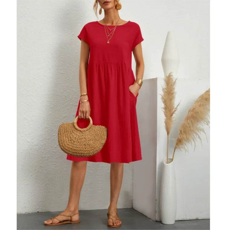 Women's Dresses 2025 Summer Fashion Casual Dresses Women Loose Mid Length Over Knee Dress New Short Sleeve Solid Dress Woman - AIAZ