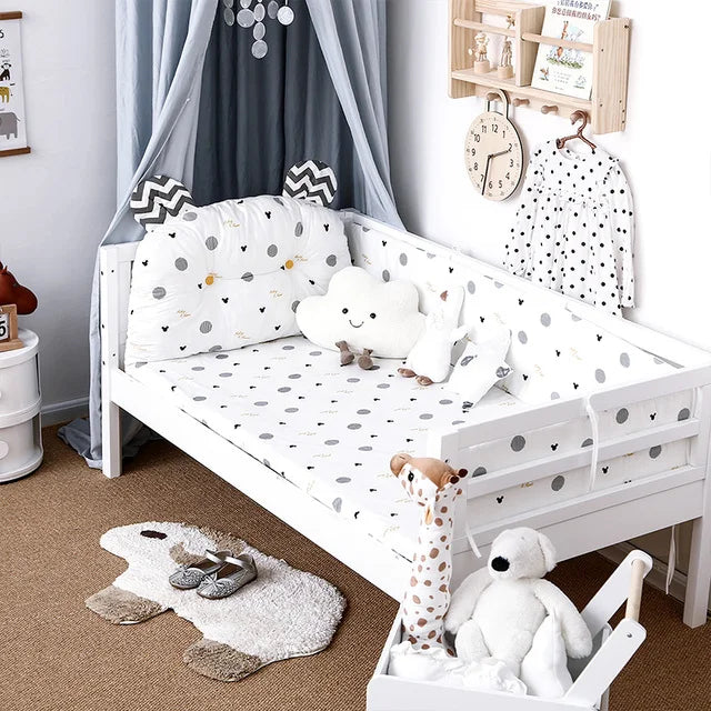 4Pcs Baby Bedding Set Cotton Cartoon Bear Head Crib Bed Protector Bumper Newborns Sheet Child Bed Baby Washable Cot Bedding Set