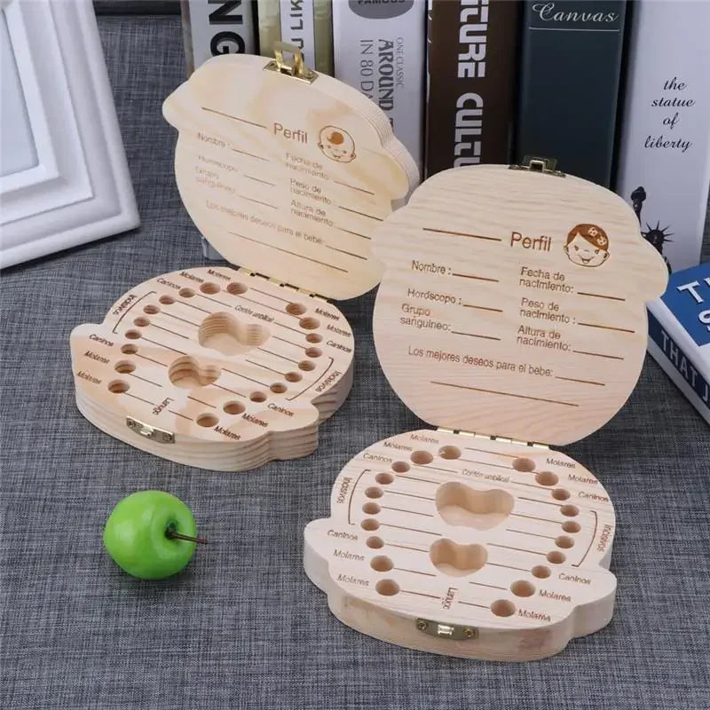 1/2pcs-Baby Tooth Box Spanish Wooden Kids Milk Teeth Organizer Storage Boys Girls Baby Souvenirs Gifts Keepsakes
