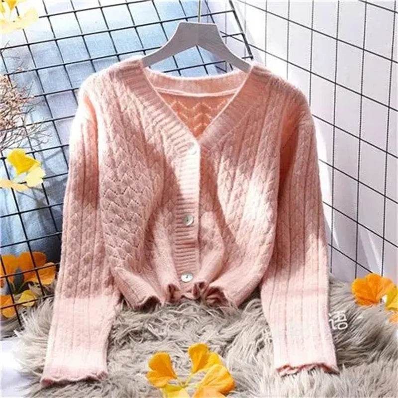 Women Cardigans Autumn Winter 2024 Single Breasted V-neck Knitted Sweater Spring Fashion Short Knitwear Solid Cardigan Jumpers - AIAZ