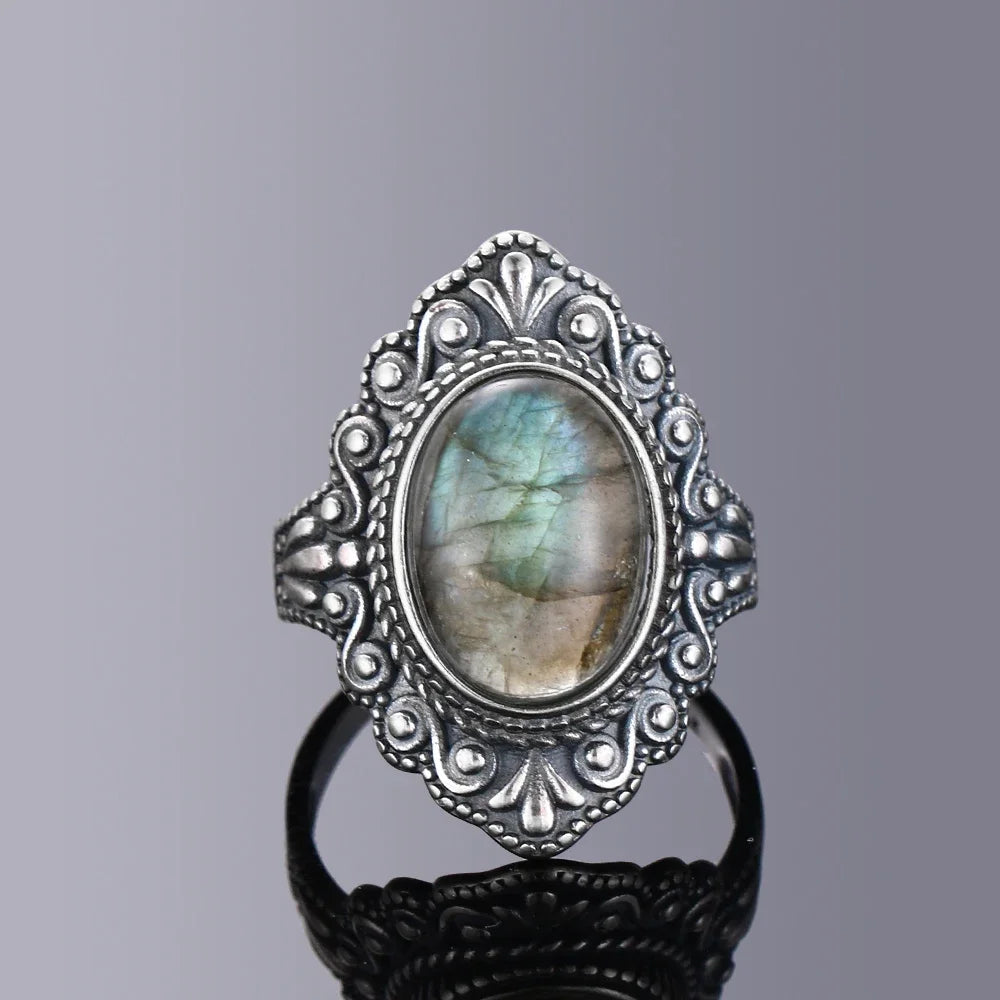 Retro Oval Natural Labradorite Rings for Women Men Silver Ring Finger Ring Retro Gemstone Rings Jewelry Party Gift