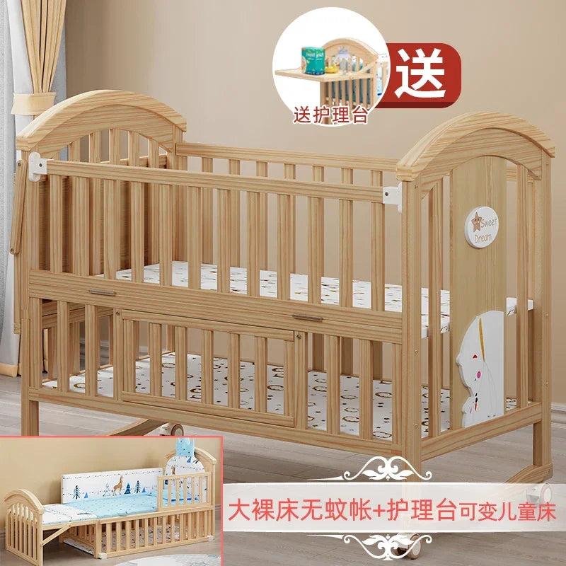 Baby Crib Multifunctional BB Baby Crib Solid Wood Unpainted Cradle Bed Movable Newborn Children Splicing Large Bed