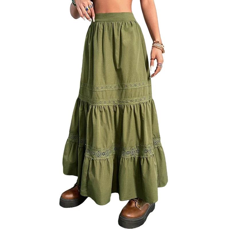 Skirts For Woman Green Pleated Skirts Korean Fashion Holiday Boho Waist Long Skirts Retro Y2K Fairycore Cute Lace Trim Clothes - AIAZ
