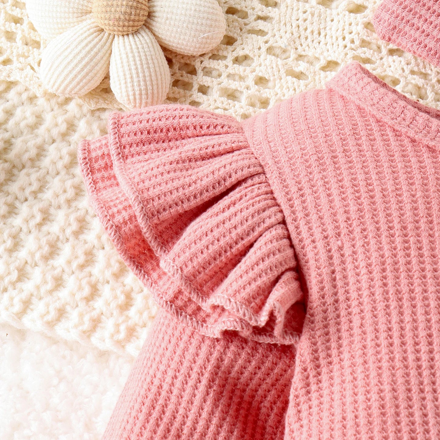 2PCS Autumn New Style 0-1 Year Old Girl Baby Sweet And Cute Solid Color Flying Sleeve Waffle Long-Sleeved Jumpsuit + Hair Band