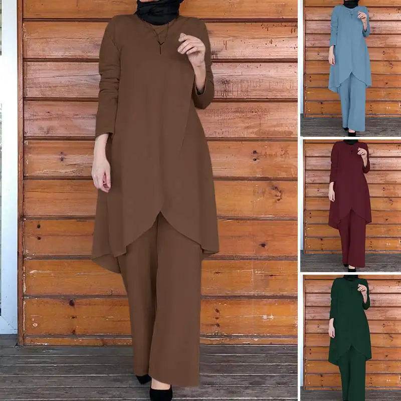 2025 Women's Muslim Sets Fashion Asymmetrical Blouse with Wide Leg Pants Casual Suits Dubai Turkey Matching Sets Ladies Outfits - AIAZ