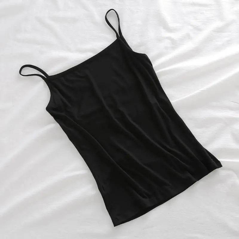 Summer Camisoles Tank Tops Women With Built In Bra Spaghetti Strap Tanks Vest Sleeveless Tees Cropped Top Solid Color Casual Top - AIAZ