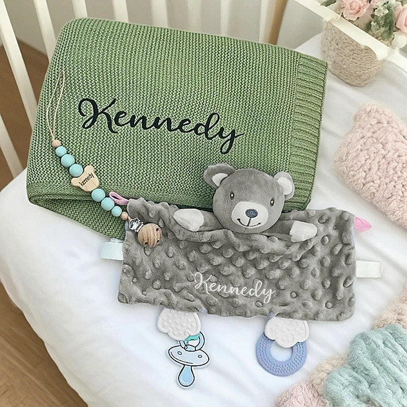 Personalized Name Baby Knitted Blanket Set Infant Cotton Blanket with Soft Comforter Toy&Percifer Baby Shower Gifts Bith Gift