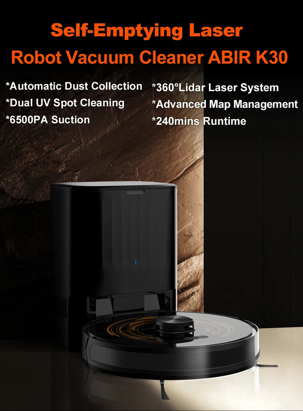 Robot Vacuum Cleaner K30 Self-cleaning dustbin, Dual Laser,UV Spot Cleaning,240mins Runtime, Auto Smart Carpet Floor Washing