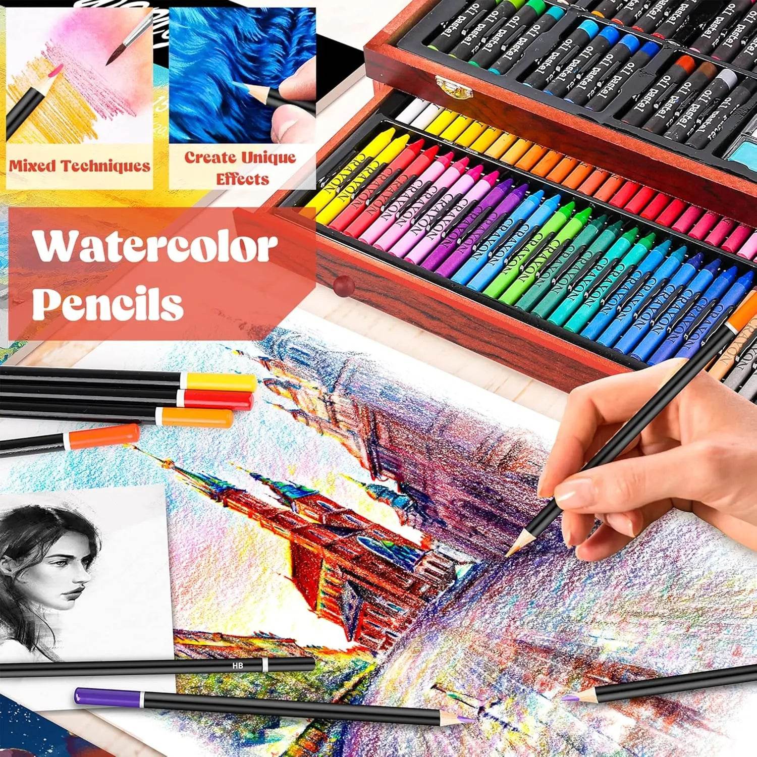 Art Supplies, Aesthetic Cute Preppy Stuff School Supplies, 142-Pack Deluxe Wooden Art Set Crafts Drawing Painting Coloring Kit - AIAZ