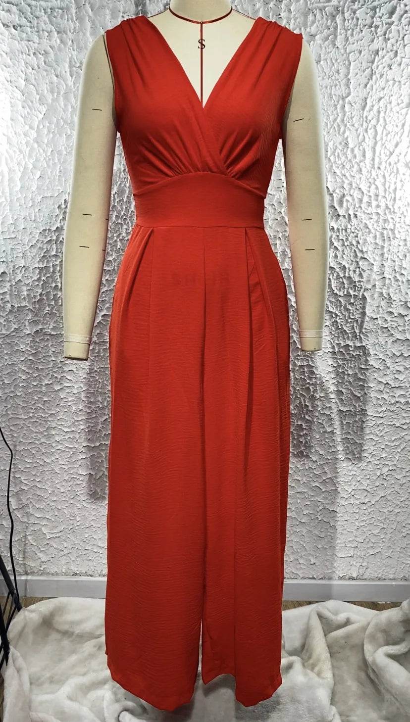 Jumpsuit Women Summer New Sleeveless Sexy Deep V-neck Solid Color High Waist Wide Leg Jumpsuits Elegant Commuting Lady Playsuits - AIAZ