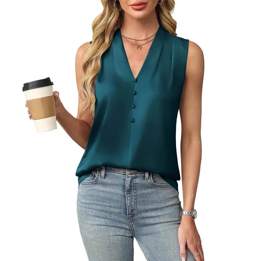 2025 Women's Blouses Summer Fashion Elegant Temperament Satin Work Tank Shirts Casual Button V-Neck Sleeveless Vest Black Tops - AIAZ