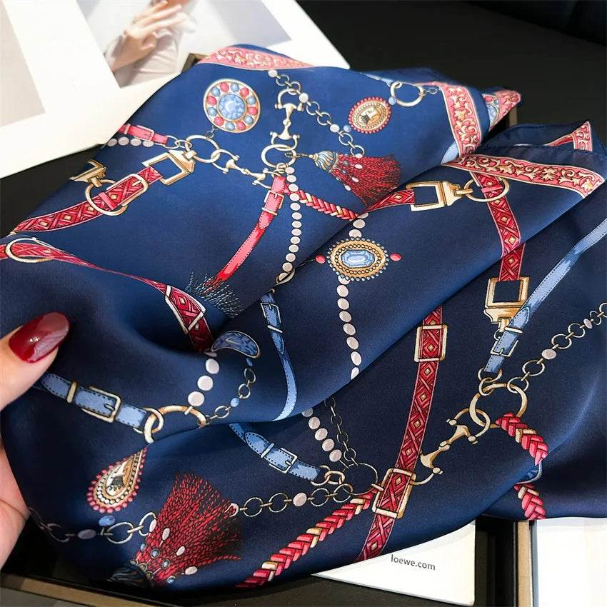 Luxury Chain Print Small Square Scarf Simulated Silk Thin Neck Scarf Fashion Sunscreen Headscarf For Women 70x70cm - AIAZ